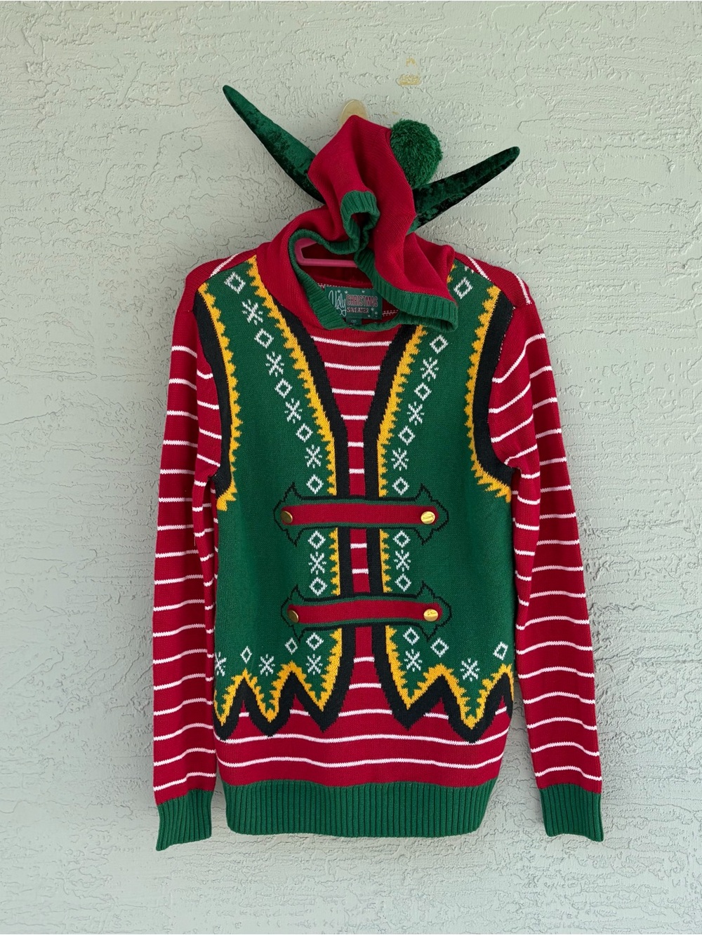 Ugly Christmas Sweater Men’s Red, Green & Yellow Festive Crewneck Hoodie Sz S